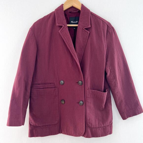 MADEWELL Hayfield Double Breasted Blazer Jacket Small Maroon Cotton Jacket Boxy - Picture 2 of 7